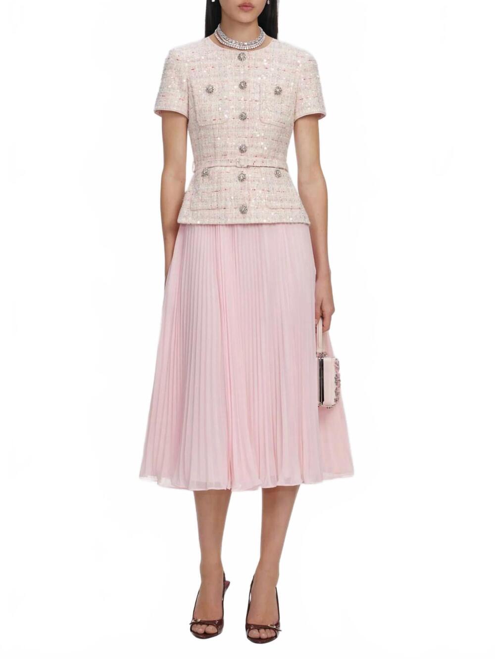 NEW SELF-PORTRAIT sequin boucle tailored midi dress in pink